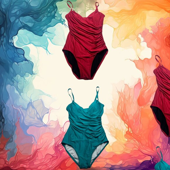 Jantzen Swimsuit Tummy Slimming One Piece Size 8 Blue Red bundle lot set of 2 - Picture 1 of 15